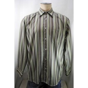 Lacoste Green Brown Striped Brushed Cotton Long Sleeve Dress Shirt - Men's 42